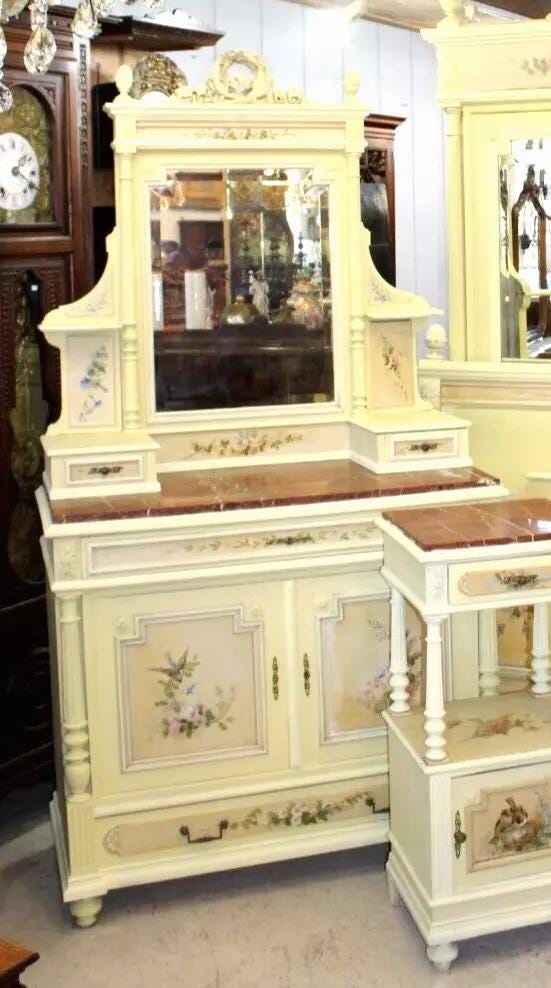 French Louis XVI Painted Dresser | Marble Top Vanity with Mirror & Floral Art