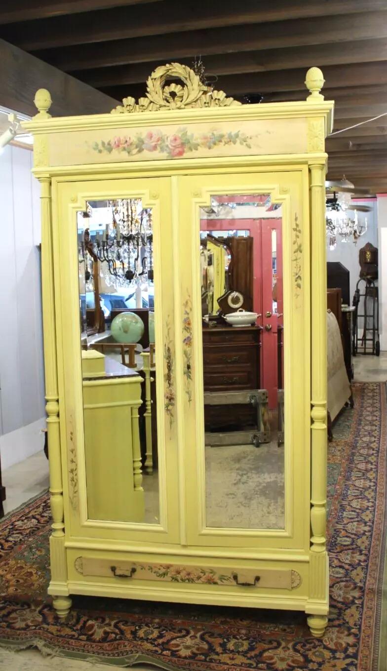 French Louis XVI Painted Armoire | Antique Mirrored Wardrobe Floral Motif