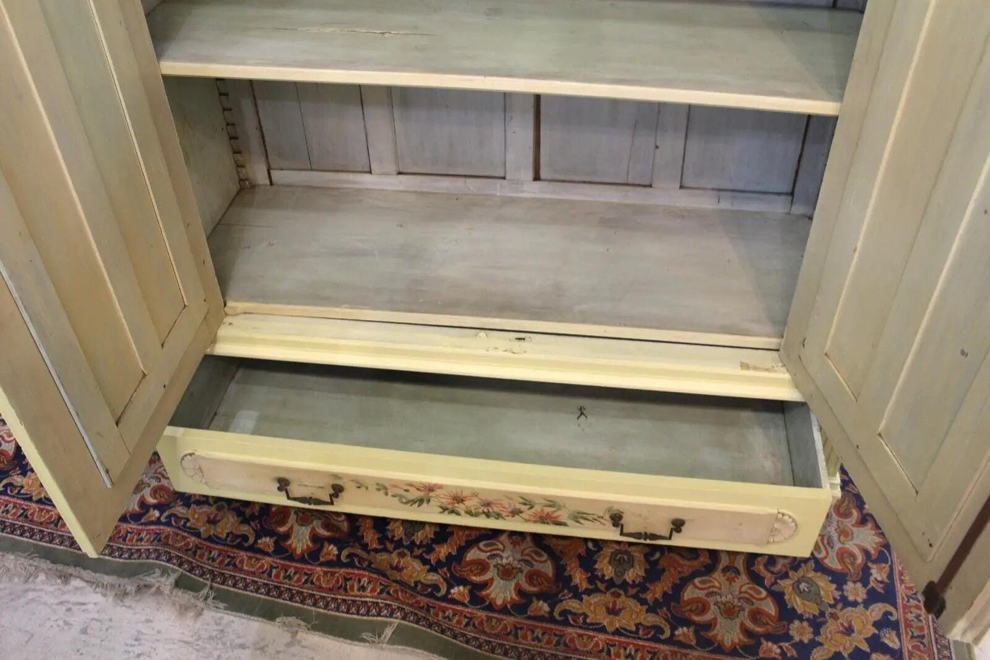 French Louis XVI Painted Armoire | Antique Mirrored Wardrobe Floral Motif