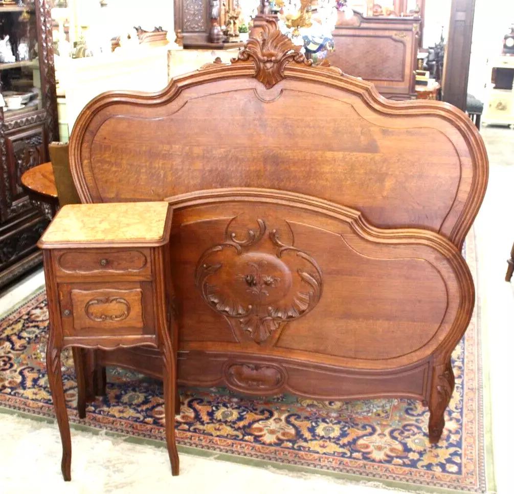 French Antique Carved Oak Louis XV Full Size Bed & Nightstand | Bedroom Furniture Set