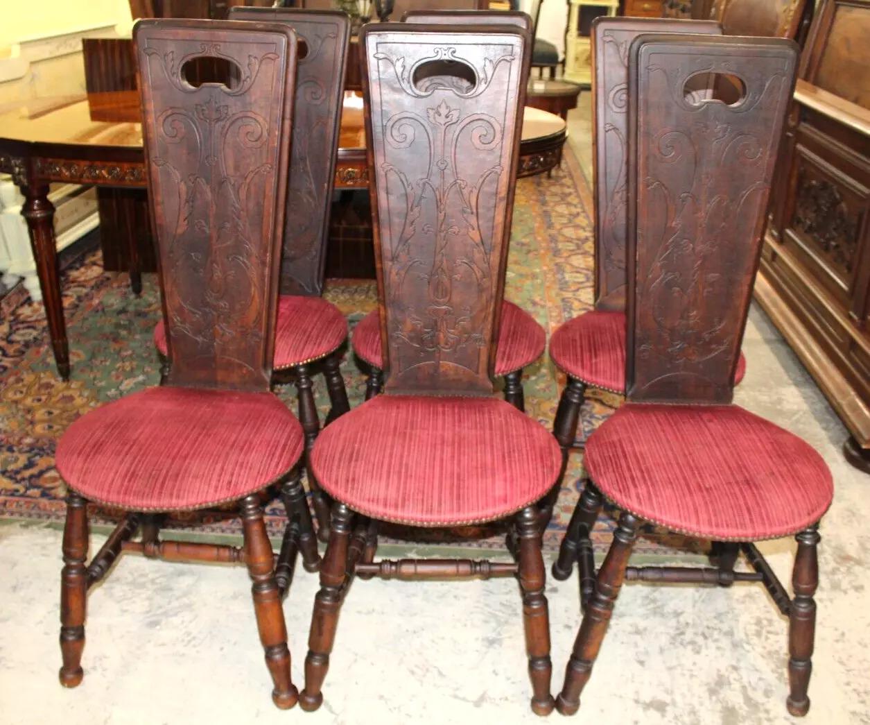 Set of 6 French Antique Walnut Dining Chairs | Carved Backs & Red Seats