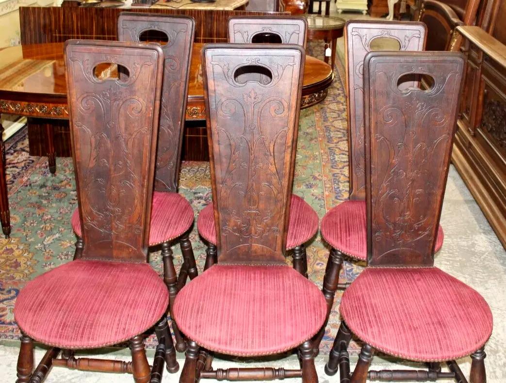 Set of 6 French Antique Walnut Dining Chairs | Carved Backs & Red Seats