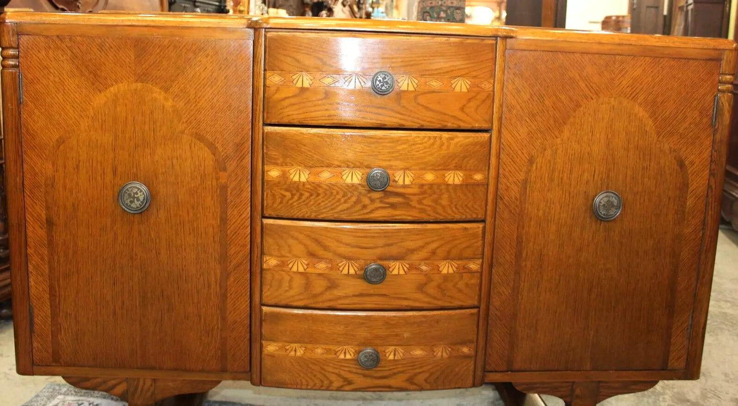 English Antique Art Deco Inlaid Oak Sideboard Buffet Bar Cabinet Compact