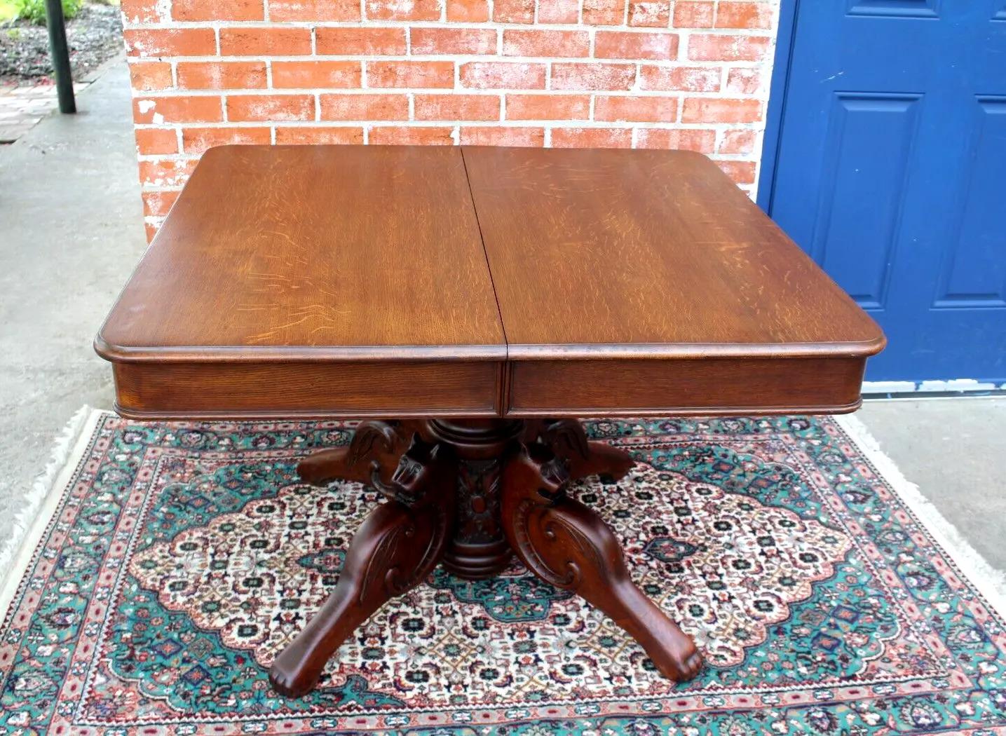 French Antique Tiger Oak Square Kitchen Table | Carved Base Dining Table c.1880