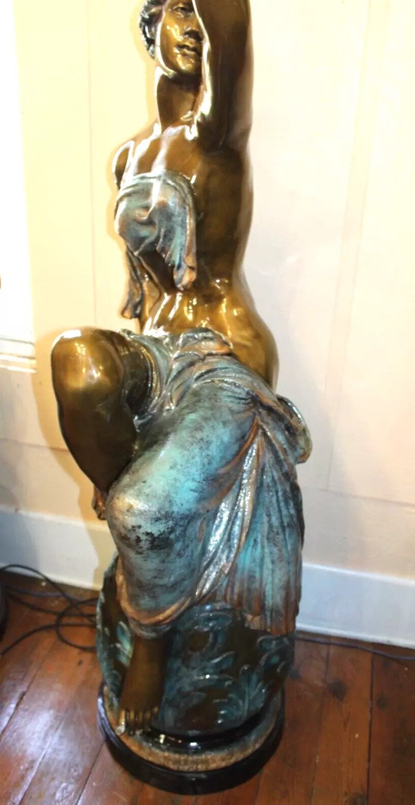 Pair Large French Bronze Patinated Sculpture Lamps with Candelabra Lights