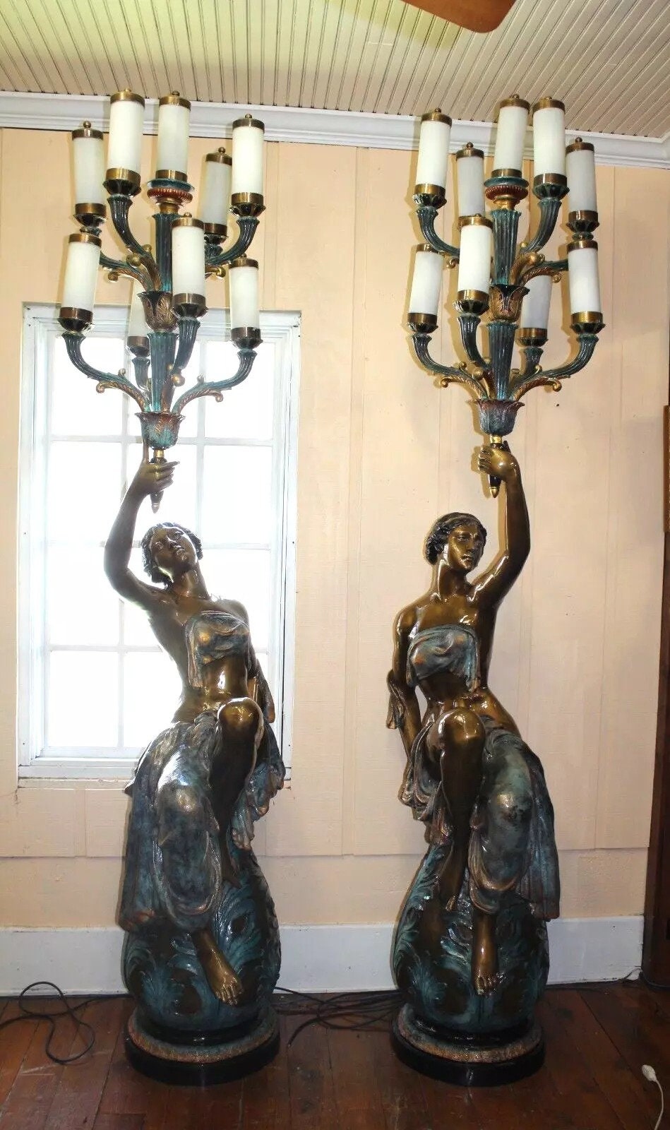 Pair Large French Bronze Patinated Sculpture Lamps with Candelabra Lights