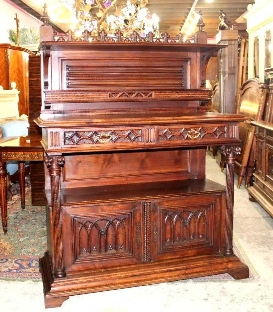French Antique Gothic Walnut Server | Carved Sideboard Cabinet c. 19th Century