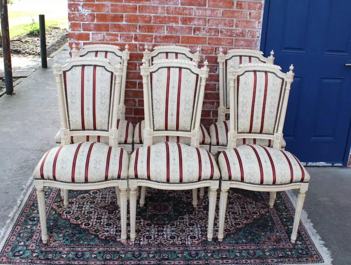 Set of 6 French Louis XVI Dining Chairs | White Painted Upholstered Seats