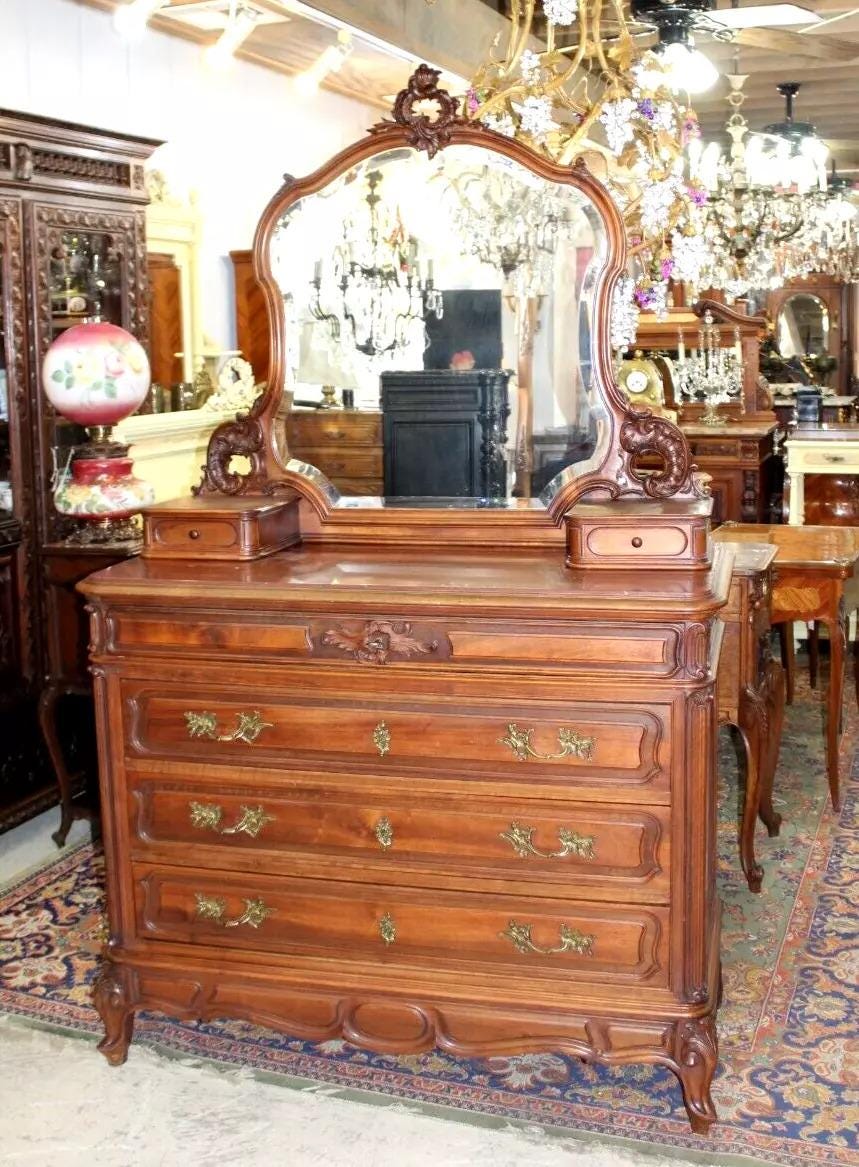 French Antique Louis XV Walnut Dresser | Marble Top Vanity w/ Mirror c. 19th C.
