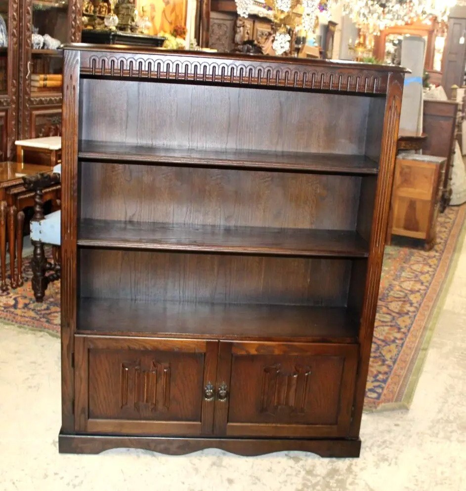English Antique Oak Bookcase Cabinet | Open Display Shelves w/ Storage Doors