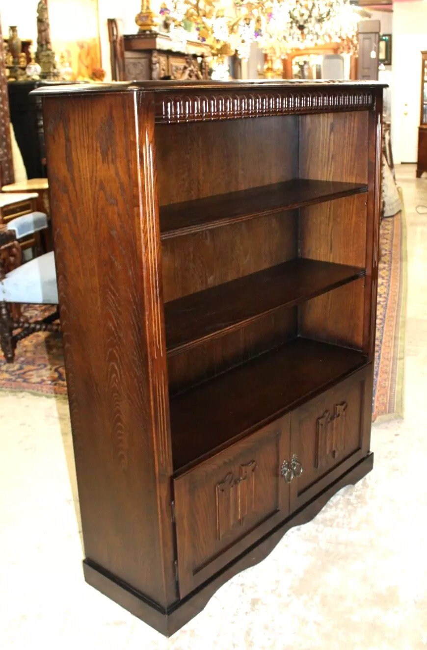 English Antique Oak Bookcase Cabinet | Open Display Shelves w/ Storage Doors