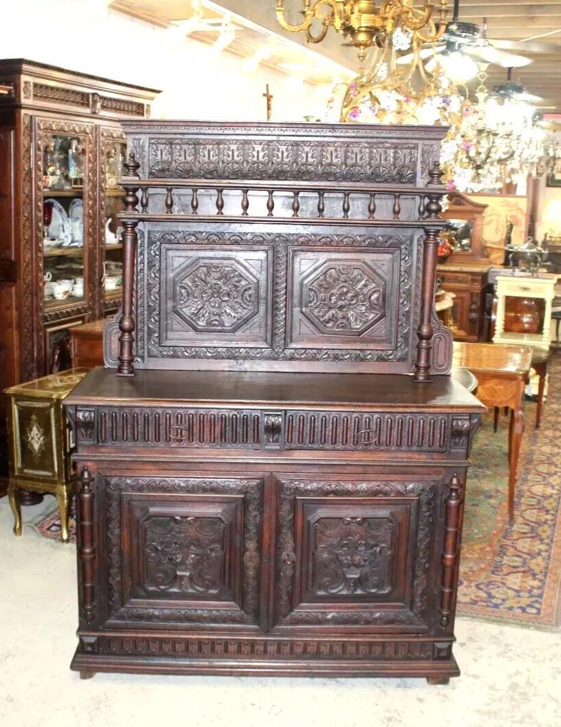 French Antique Renaissance Oak Buffet Server | Carved Sideboard c.1820