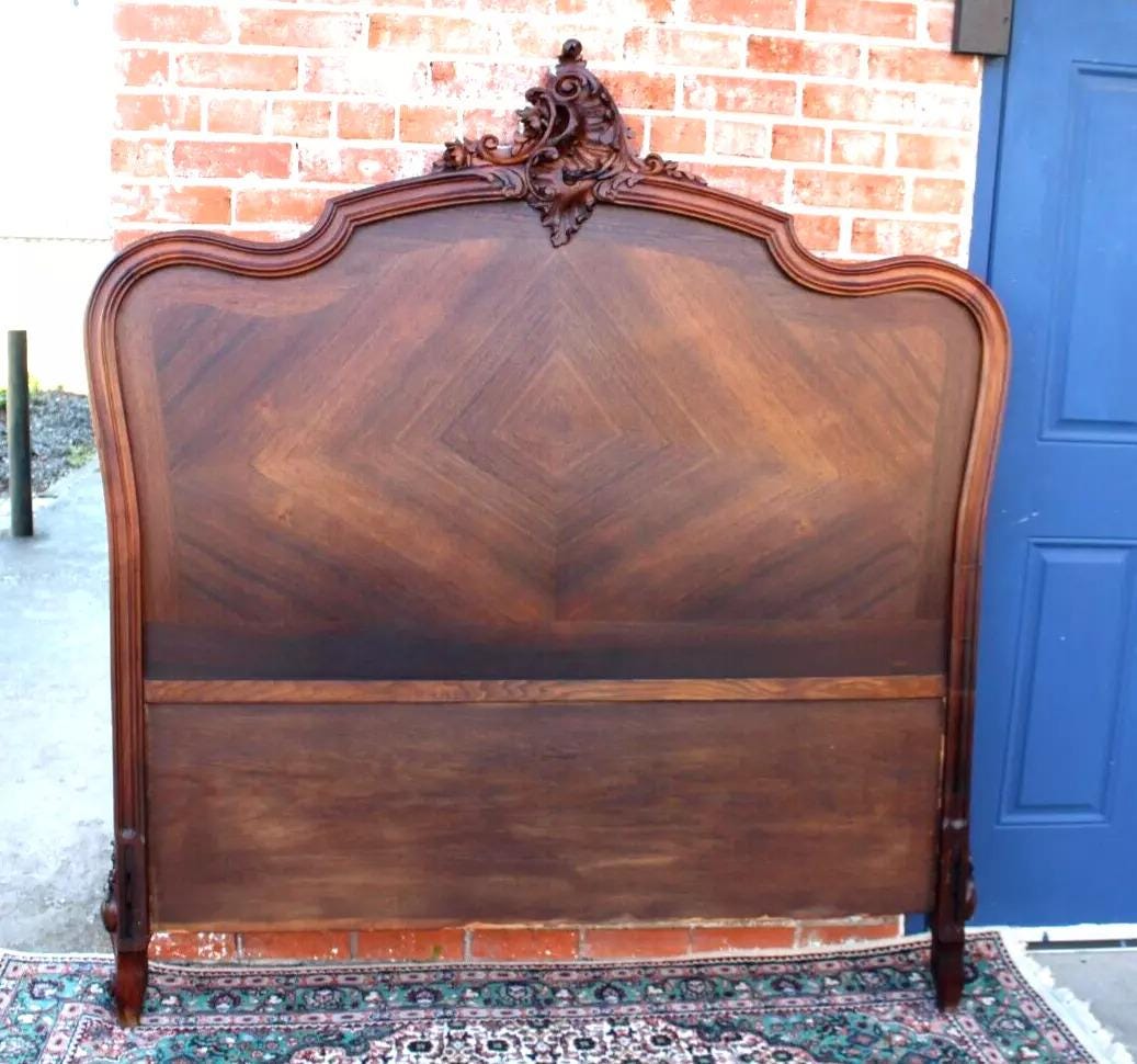 French Antique Louis XV Rosewood Full Size Bed | Carved Frame with Rails
