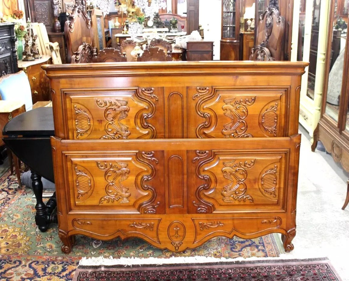 French Antique Louis XV Full Size Bed Carved Maple Wood Ornate Design