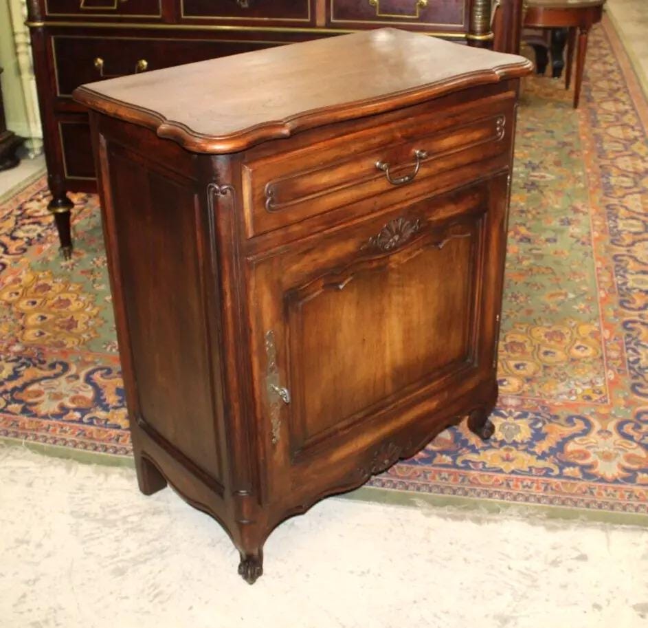 French Antique Walnut Louis XV Cabinet | 1 Door 1 Drawer | Carved Accent
