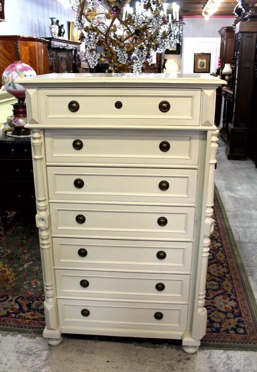 Swedish Antique Painted White Pine Highboy Chest of Drawers 7-Drawer Tallboy