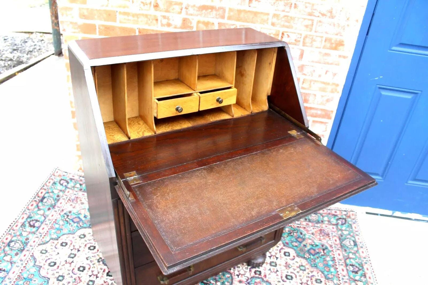 English Antique Oak Art Deco Drop Front Desk with 3 Drawers & Carved Detail