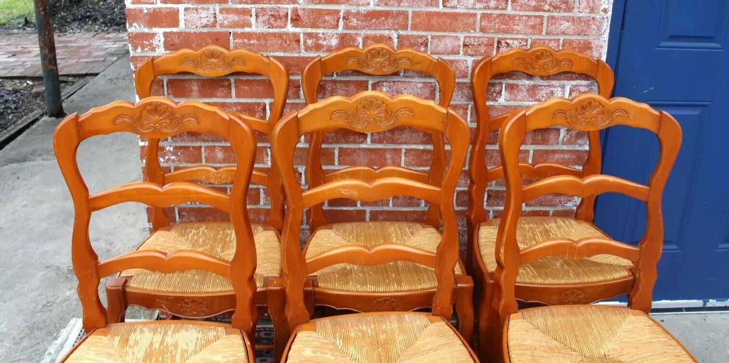 Set of 6 French Louis XV Oak Dining Chairs | Antique Rush Seats & Carving
