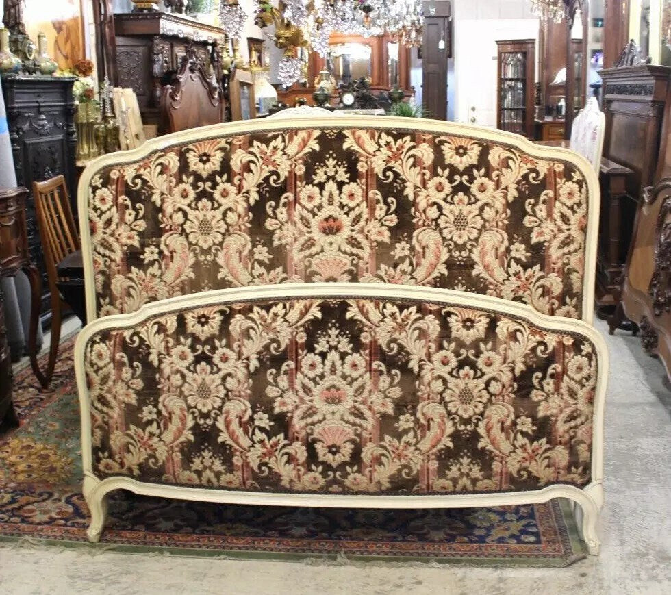 French Antique Louis XV Upholstered Full Size Bed with Rails & Slats c.1900