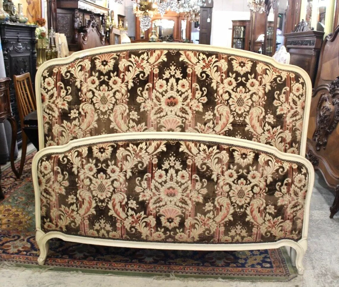 French Antique Louis XV Upholstered Full Size Bed with Rails & Slats c.1900