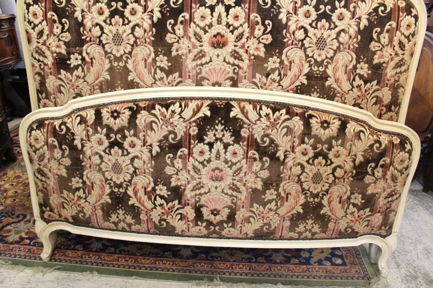 French Antique Louis XV Upholstered Full Size Bed with Rails & Slats c.1900