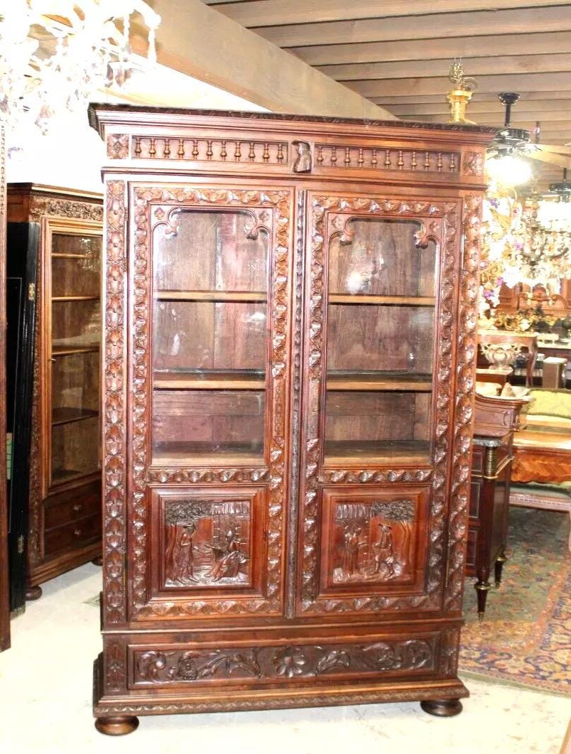 French Antique Chestnut Wood Brittany Bookcase | Carved Display Cabinet c.1880