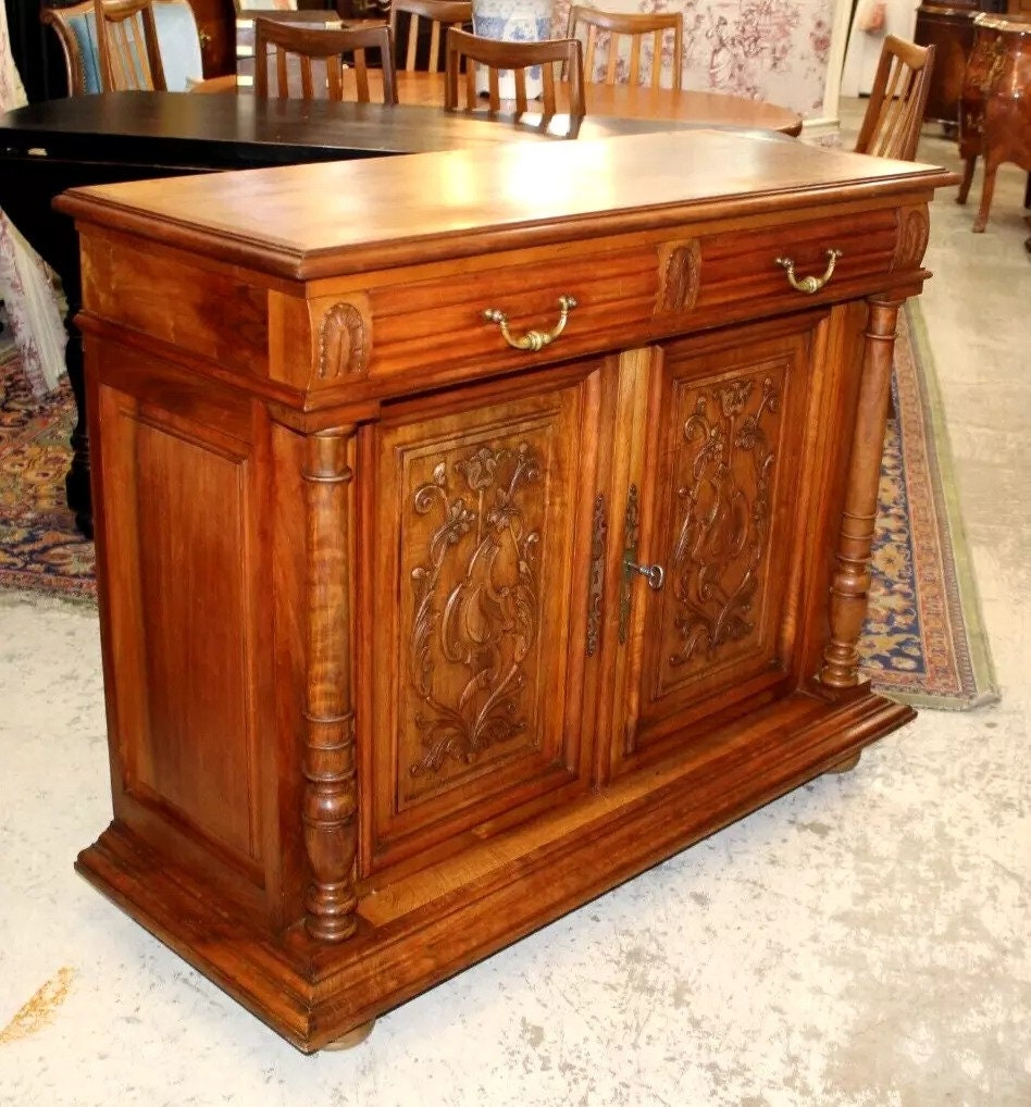 French Antique Walnut Henry II Server | Carved Sideboard Cabinet c. 1880s