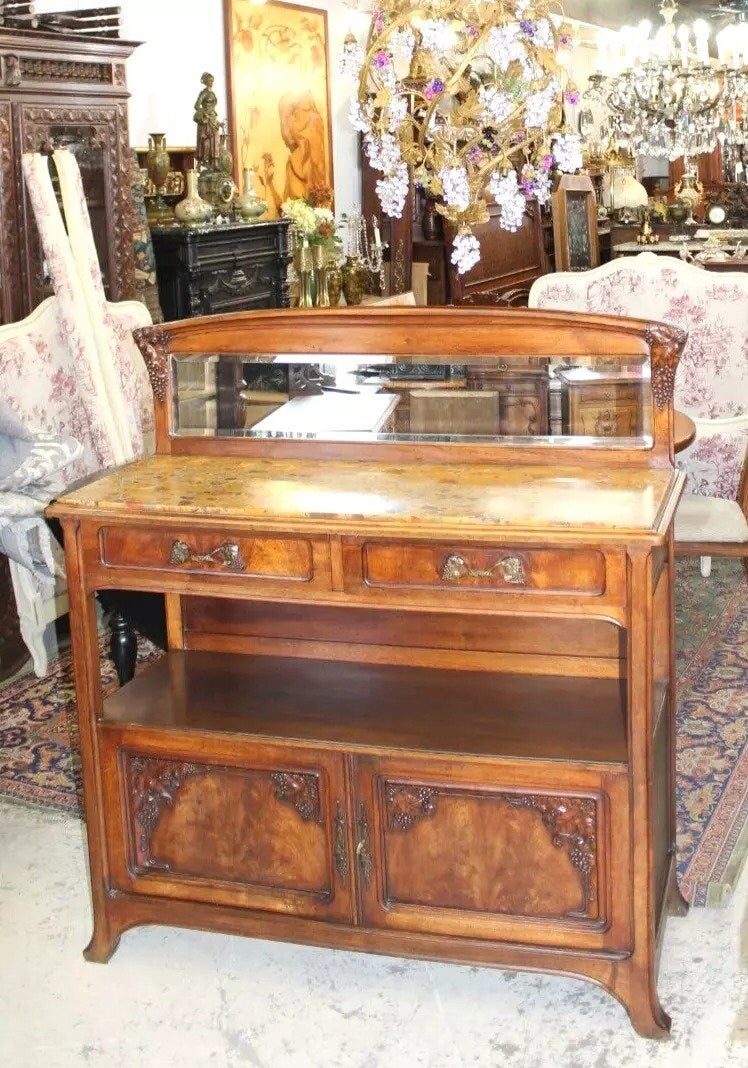 French Antique Burled Walnut Art Nouveau Marble Top Server Cabinet Sideboard
