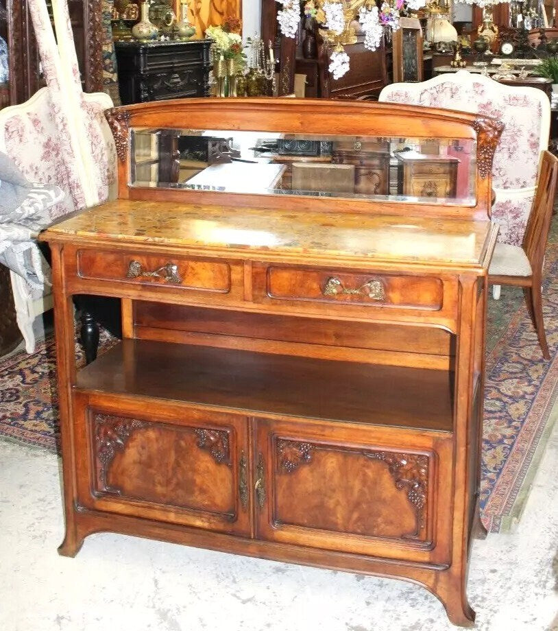 French Antique Burled Walnut Art Nouveau Marble Top Server Cabinet Sideboard
