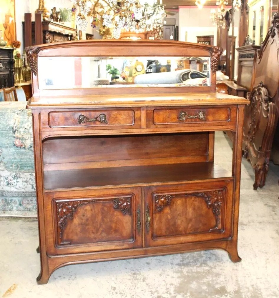 French Antique Burled Walnut Art Nouveau Marble Top Server Cabinet Sideboard