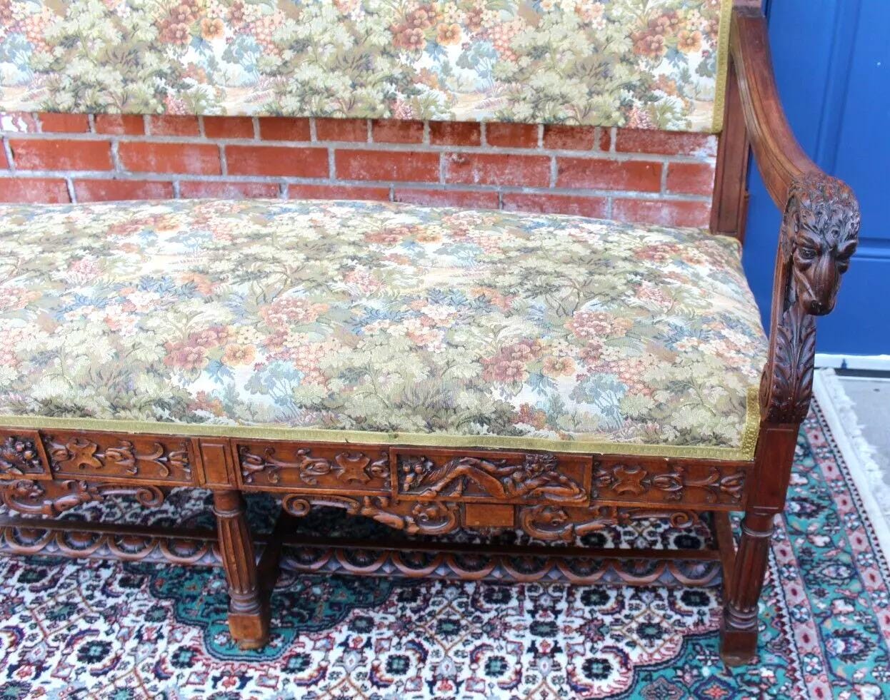 French Antique Renaissance Settee | Walnut Green Upholstered Bench