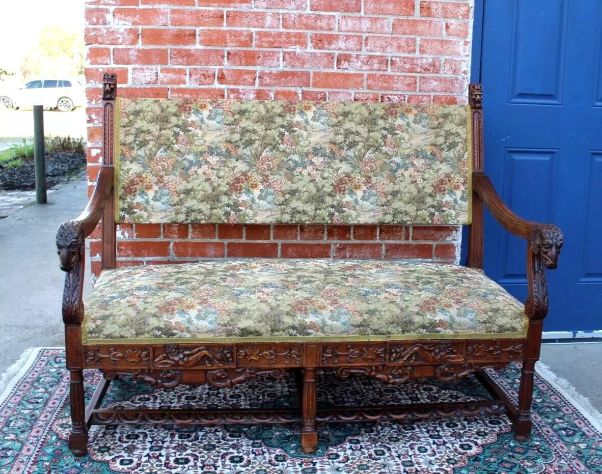 French Antique Renaissance Settee | Walnut Green Upholstered Bench