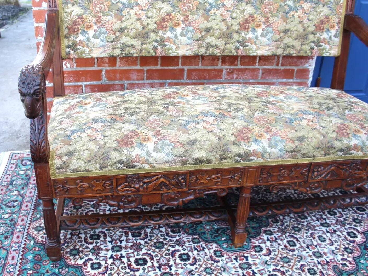 French Antique Renaissance Settee | Walnut Green Upholstered Bench