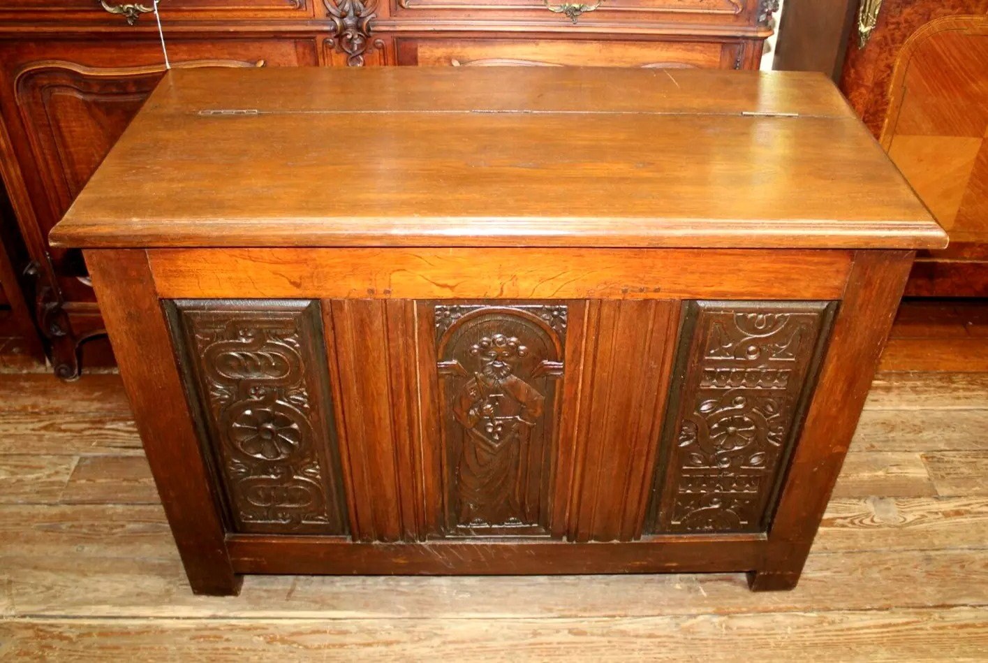 French Antique Renaissance Trunk | Dark Oak Chest with Carved Storage