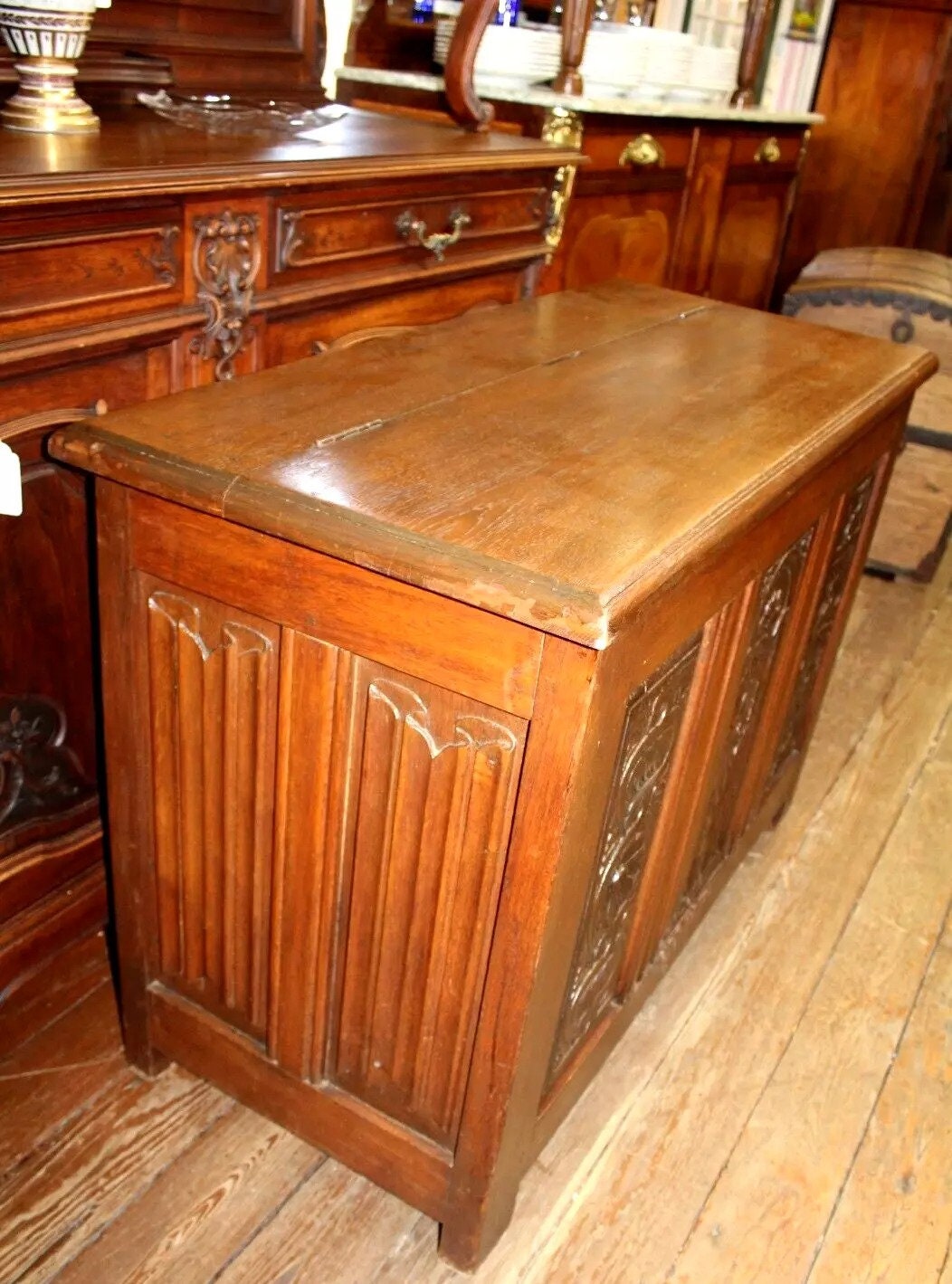 French Antique Renaissance Trunk | Dark Oak Chest with Carved Storage