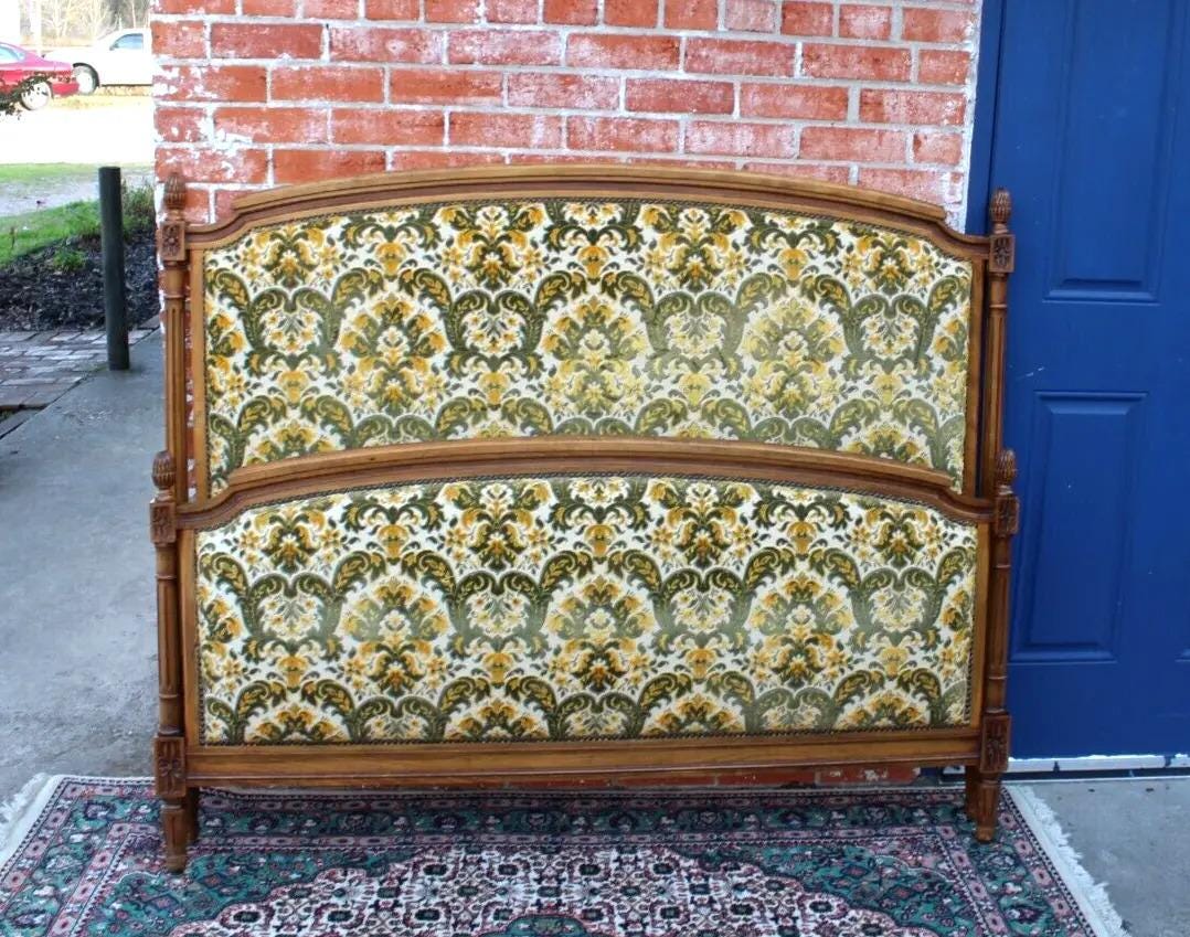French Antique Louis XVI Full Size Bed | Upholstered Frame | Carved Details