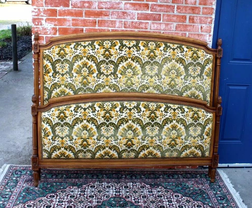 French Antique Louis XVI Full Size Bed | Upholstered Frame | Carved Details