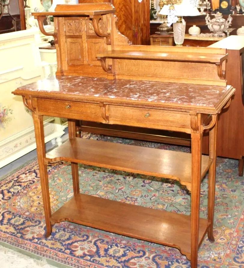 French Antique Oak Art Nouveau Sideboard Server | Marble Top & Shelves