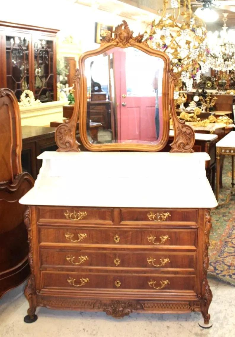 French Antique Louis XV Dresser | Walnut Vanity with White Marble Top