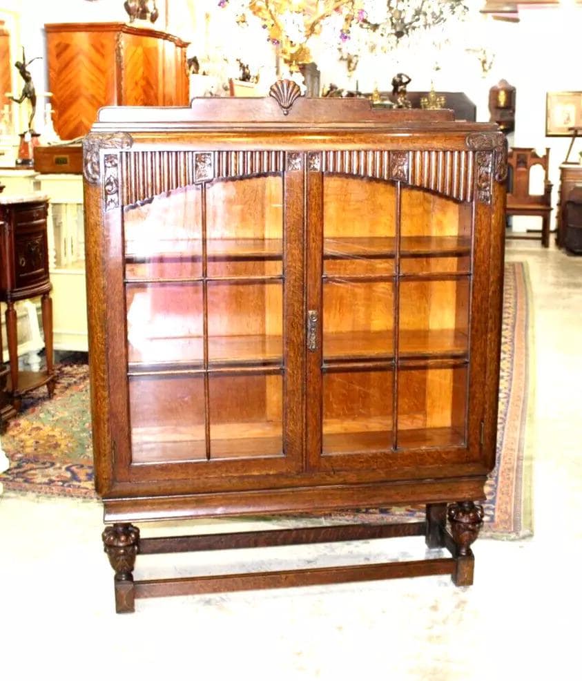 English Antique Tiger Oak Art Deco Bookcase | Glass Door Display Cabinet c.1920