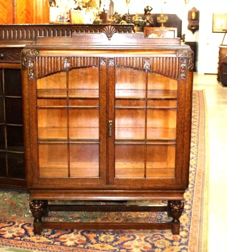 English Antique Tiger Oak Art Deco Bookcase | Glass Door Display Cabinet c.1920