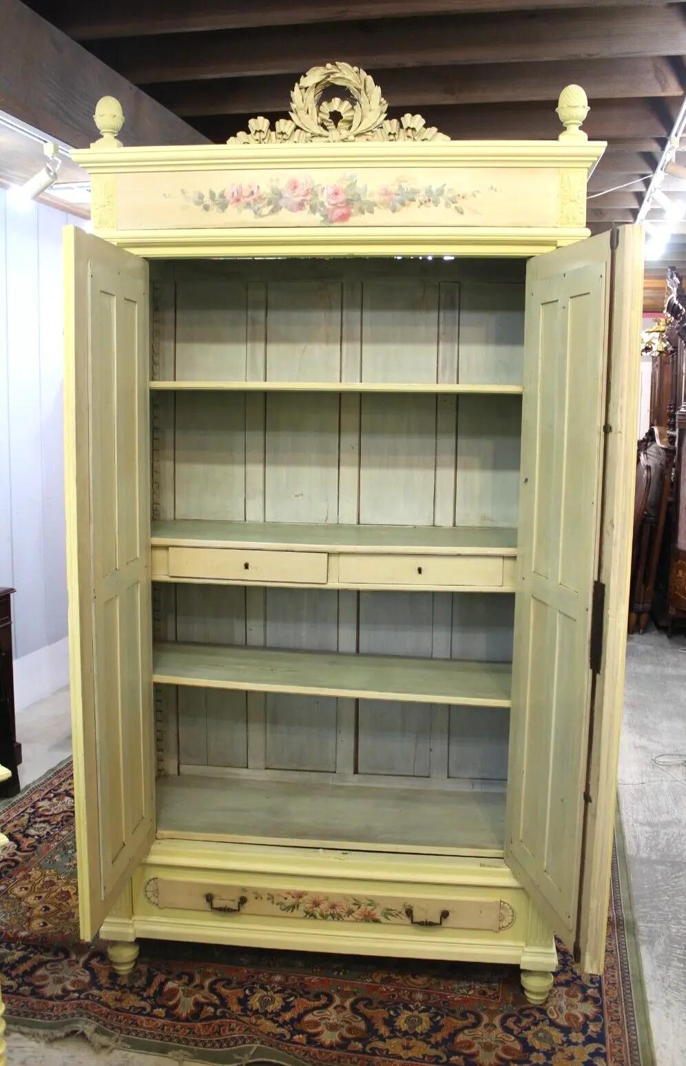 French Louis XVI Painted Armoire | Antique Mirrored Wardrobe Floral Motif
