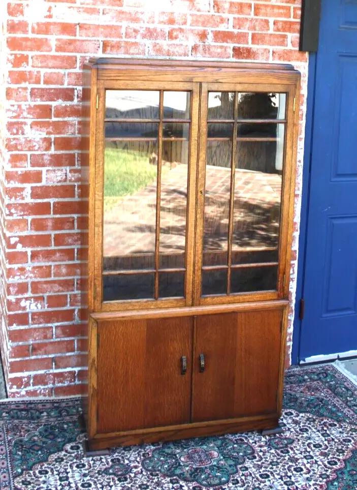 English Antique Oak Glass Door Bookcase / Display Cabinet