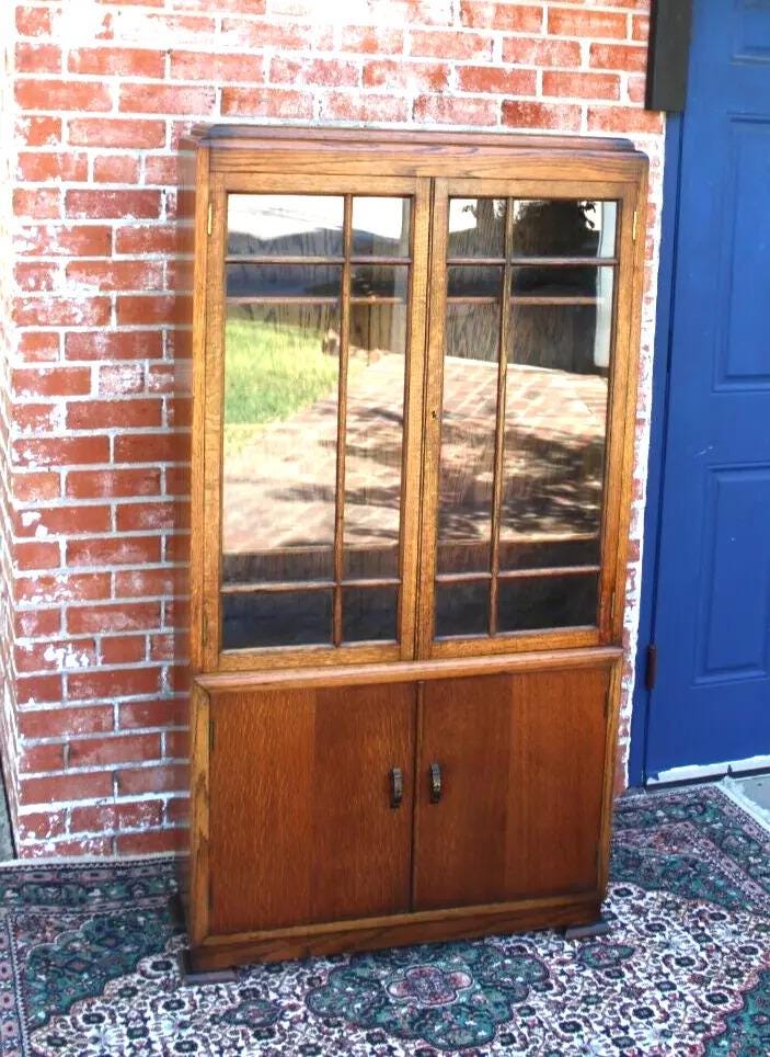 English Antique Oak Bookcase Cabinet | Glass Doors | Display Storage c.1900