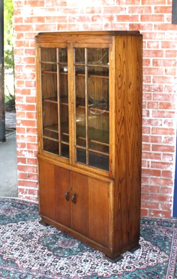 English Antique Oak Glass Door Bookcase / Display Cabinet