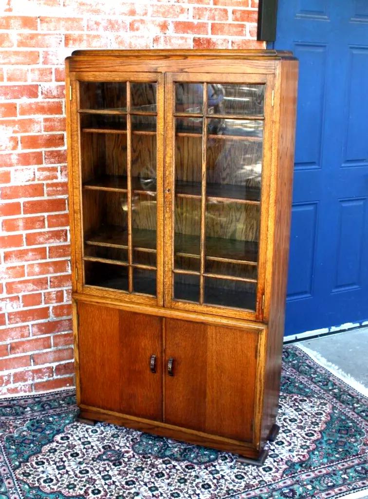 English Antique Oak Glass Door Bookcase / Display Cabinet