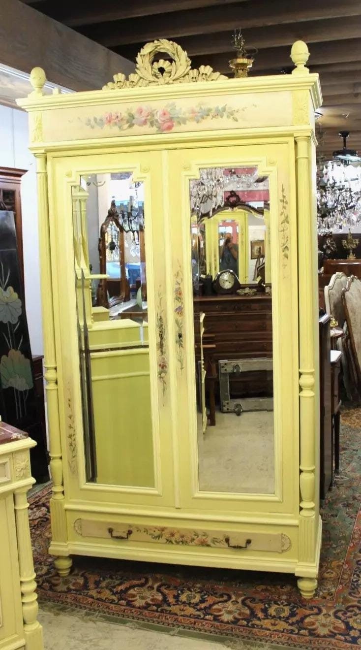 French Louis XVI Painted Armoire | Antique Mirrored Wardrobe Floral Motif