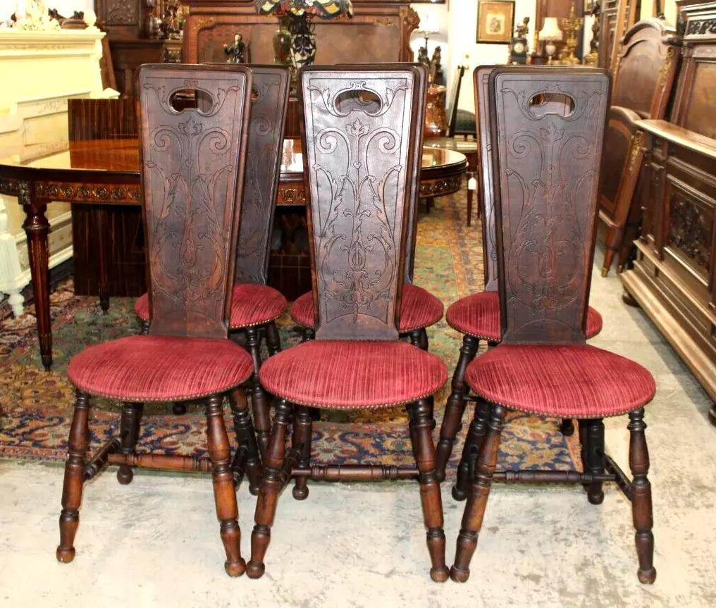 Set of 6 French Antique Walnut Dining Chairs | Carved Backs & Red Seats