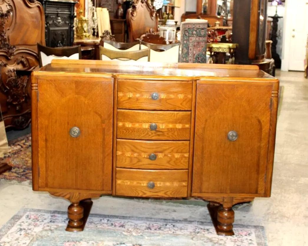 English Antique Art Deco Inlaid Oak Sideboard Buffet Bar Cabinet Compact