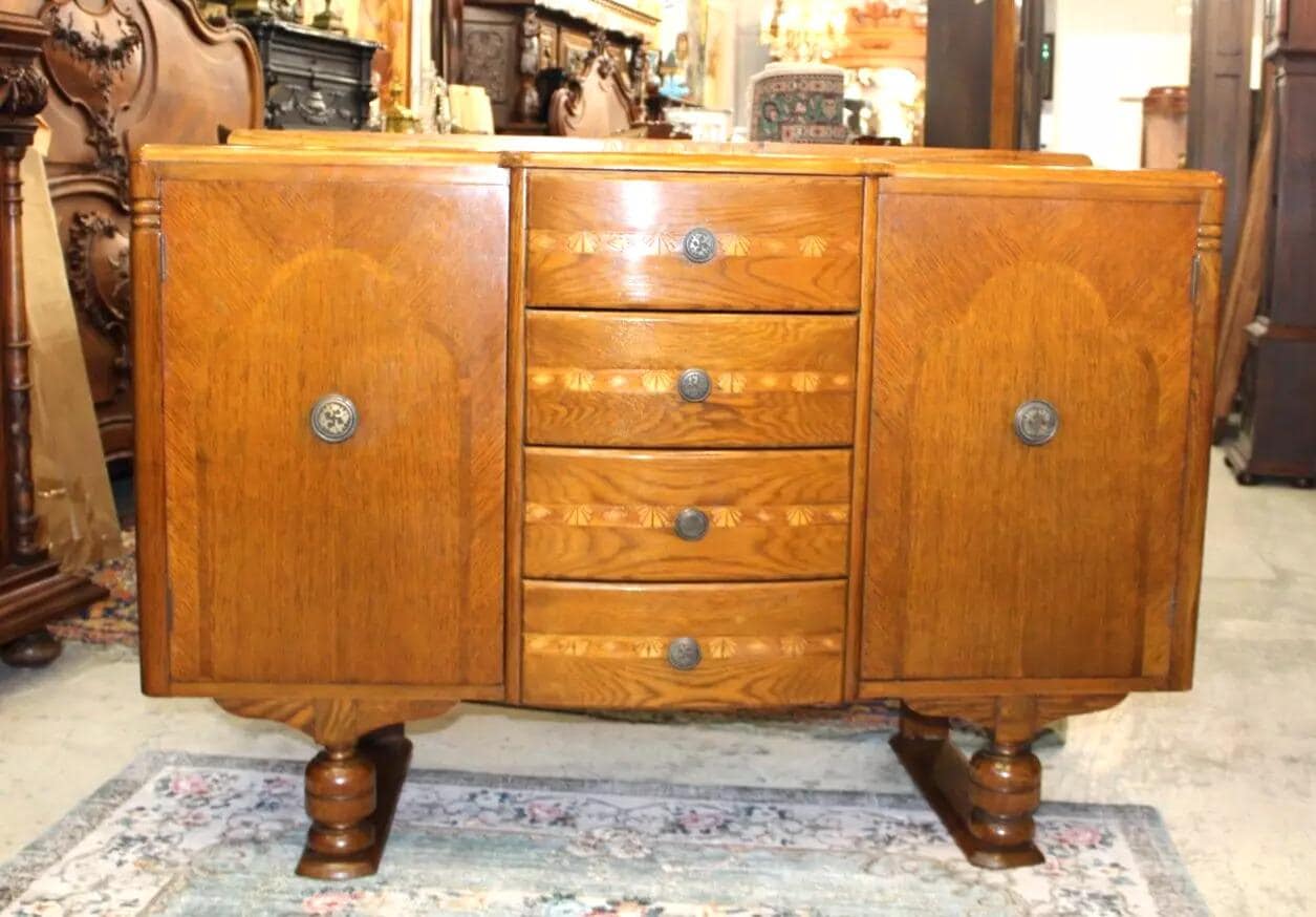 English Antique Art Deco Inlaid Oak Sideboard Buffet Bar Cabinet Compact